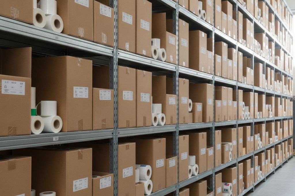 Etiket ve ribon rulolarının düzenli durduğu depo