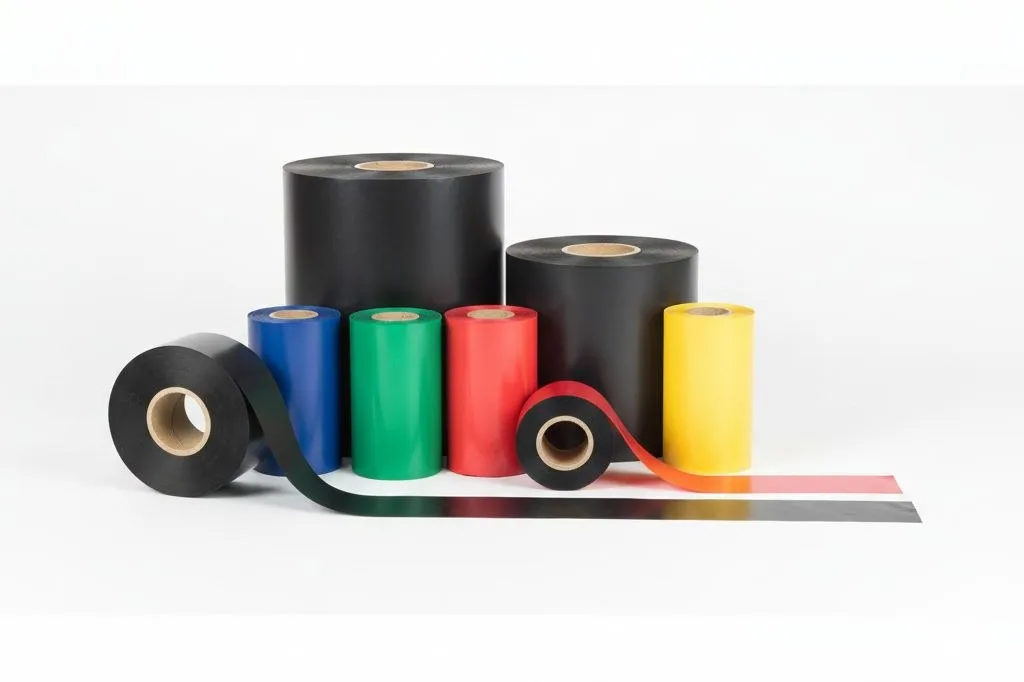 Ribbon and label roll loaded in a thermal printer